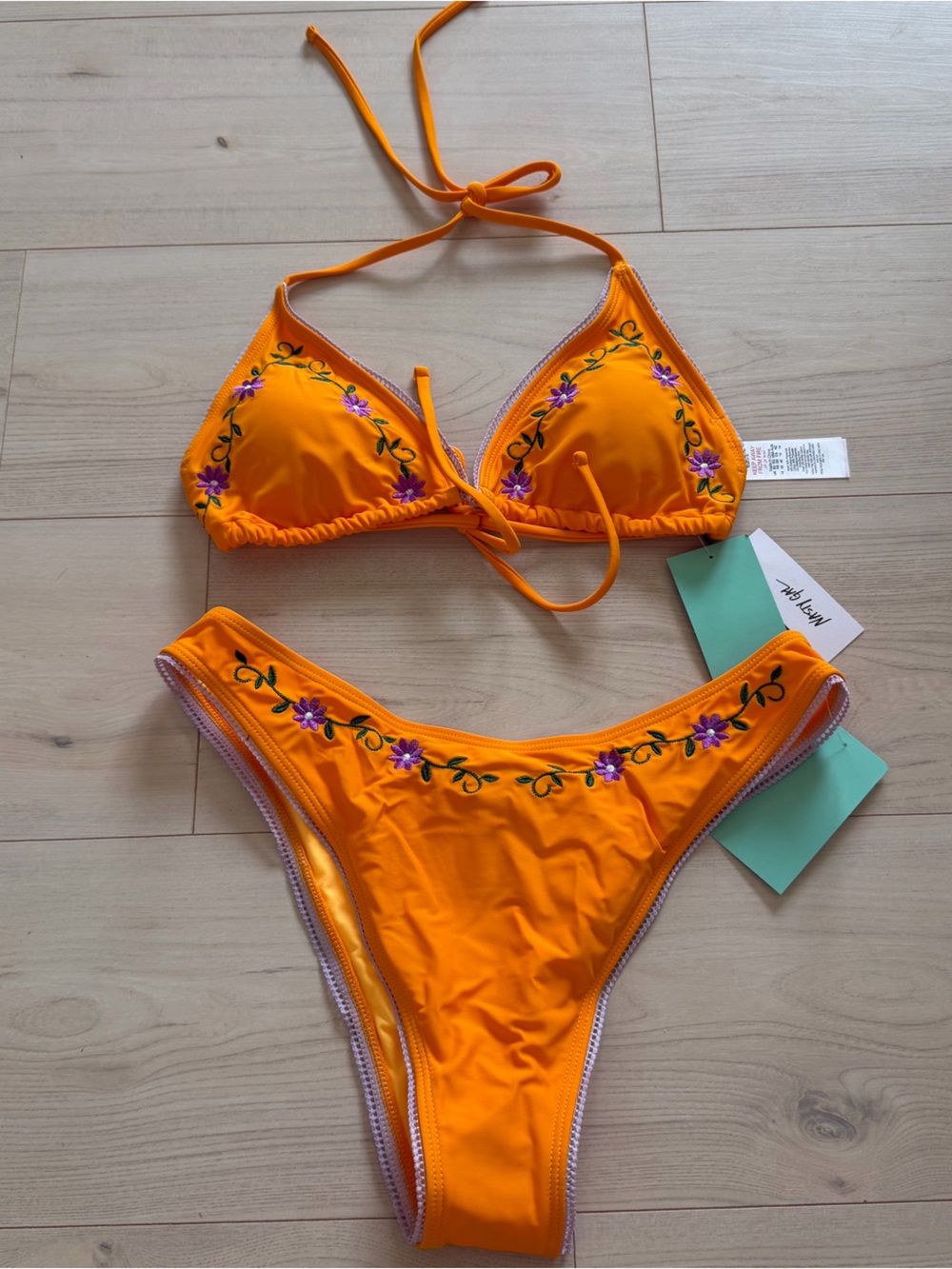 Nasty Gal Floral Embroidered Picot Trim Triangle Bikini Set NWT